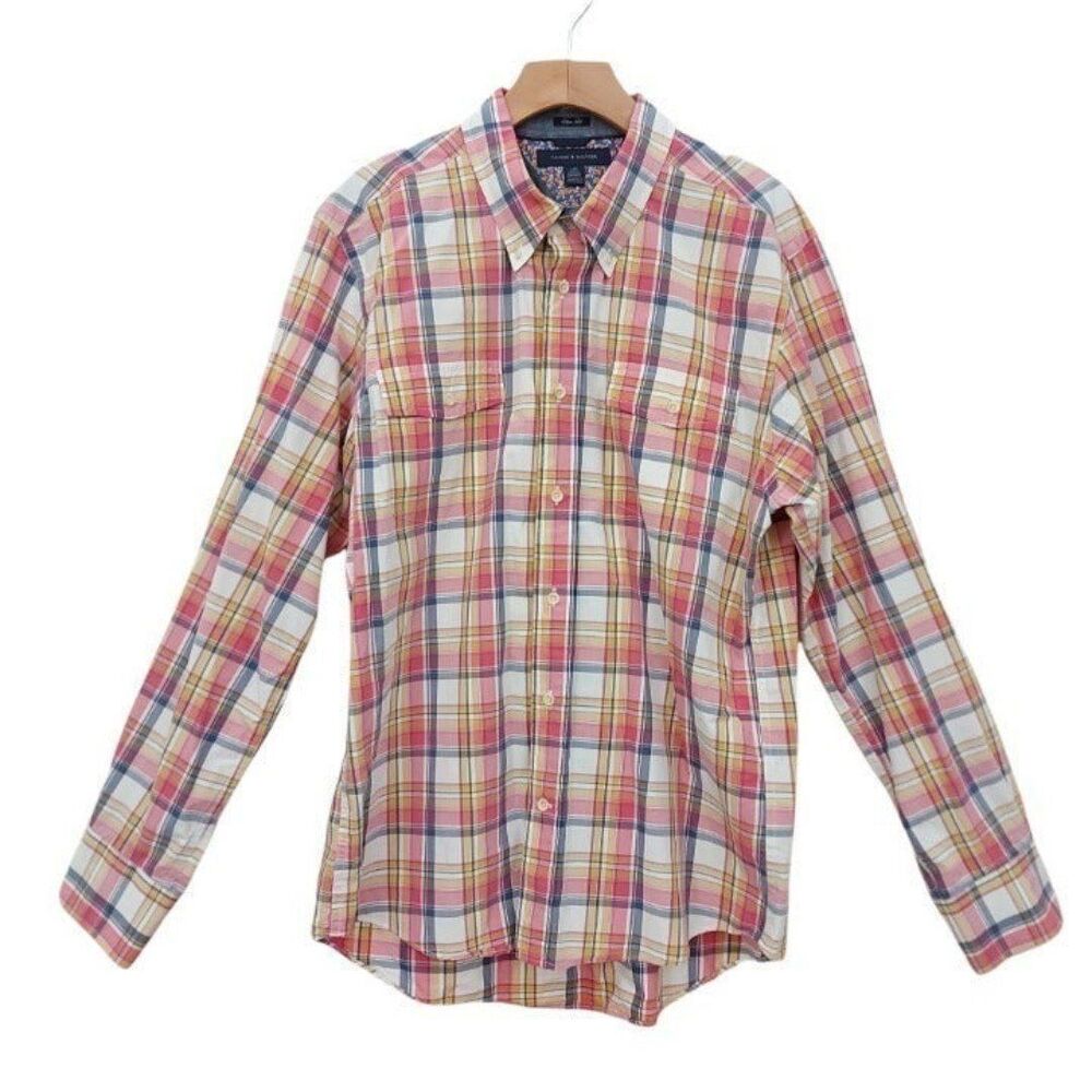 Tommy Hilfiger Shirt Mens Large Pink Slim Fit Plaid Roll Tab Sleeve Southwestern